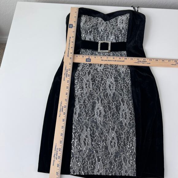Vintage Y2K Strapless Mini Dress Lace Velvet Black Sequins sz 5 whimsigoth prom - Picture 6 of 7